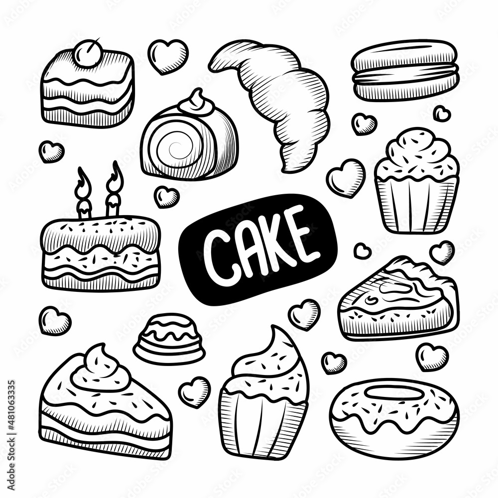 Hand drawn doodle cake with Hand drawn lineal style