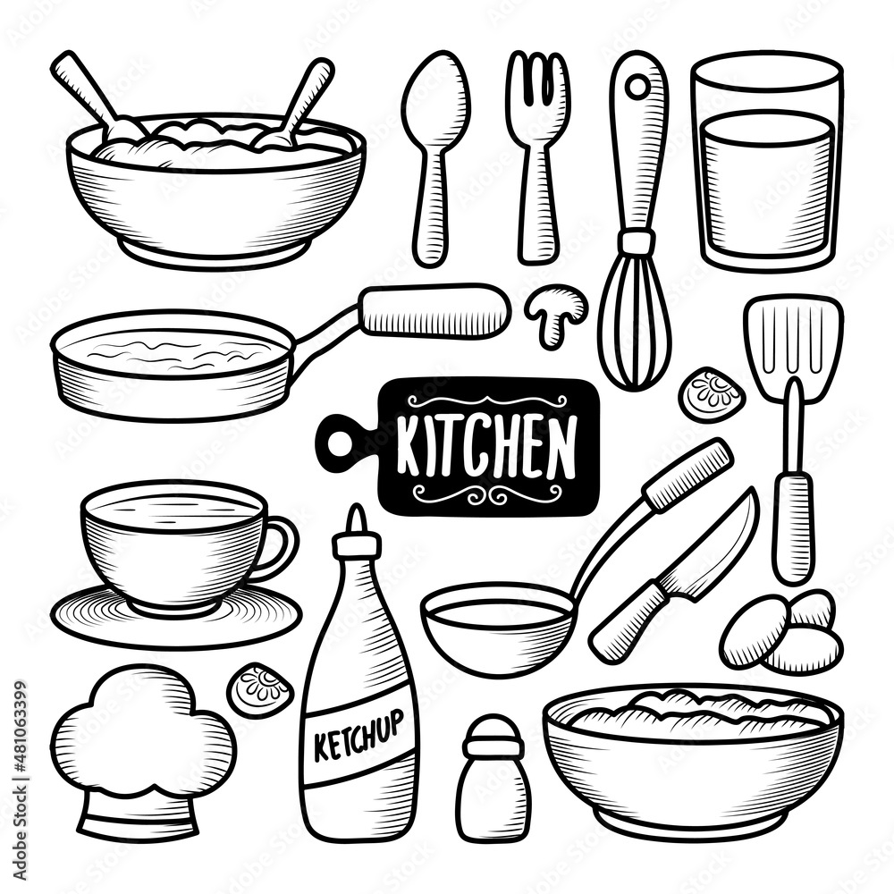 Premium Vector  Set of kitchen utensils and food vector illustration hand  drawing doodles