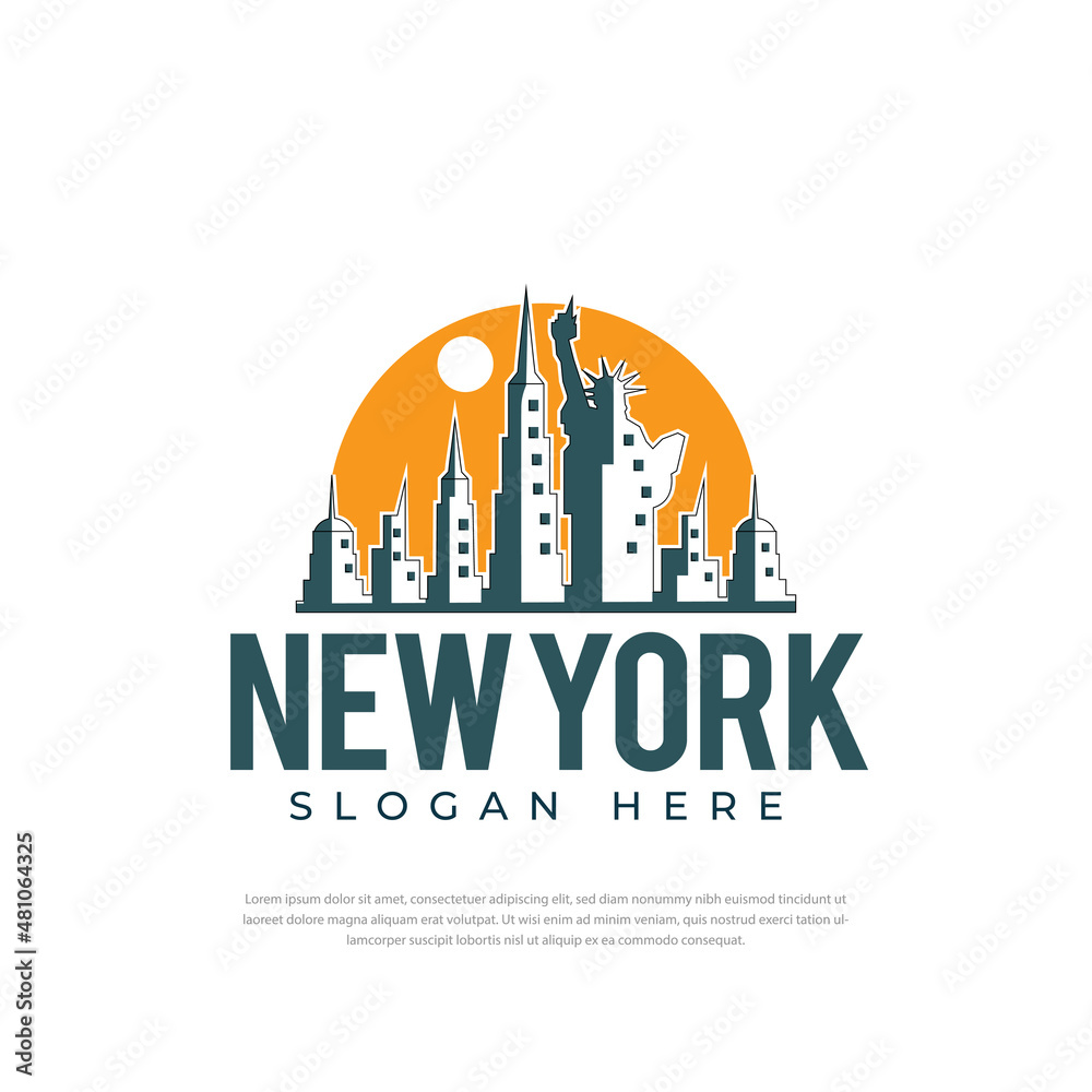 Logo design Graphic illustration of sunny New York City with famous buildings and points of interest. Modern vector line art design.