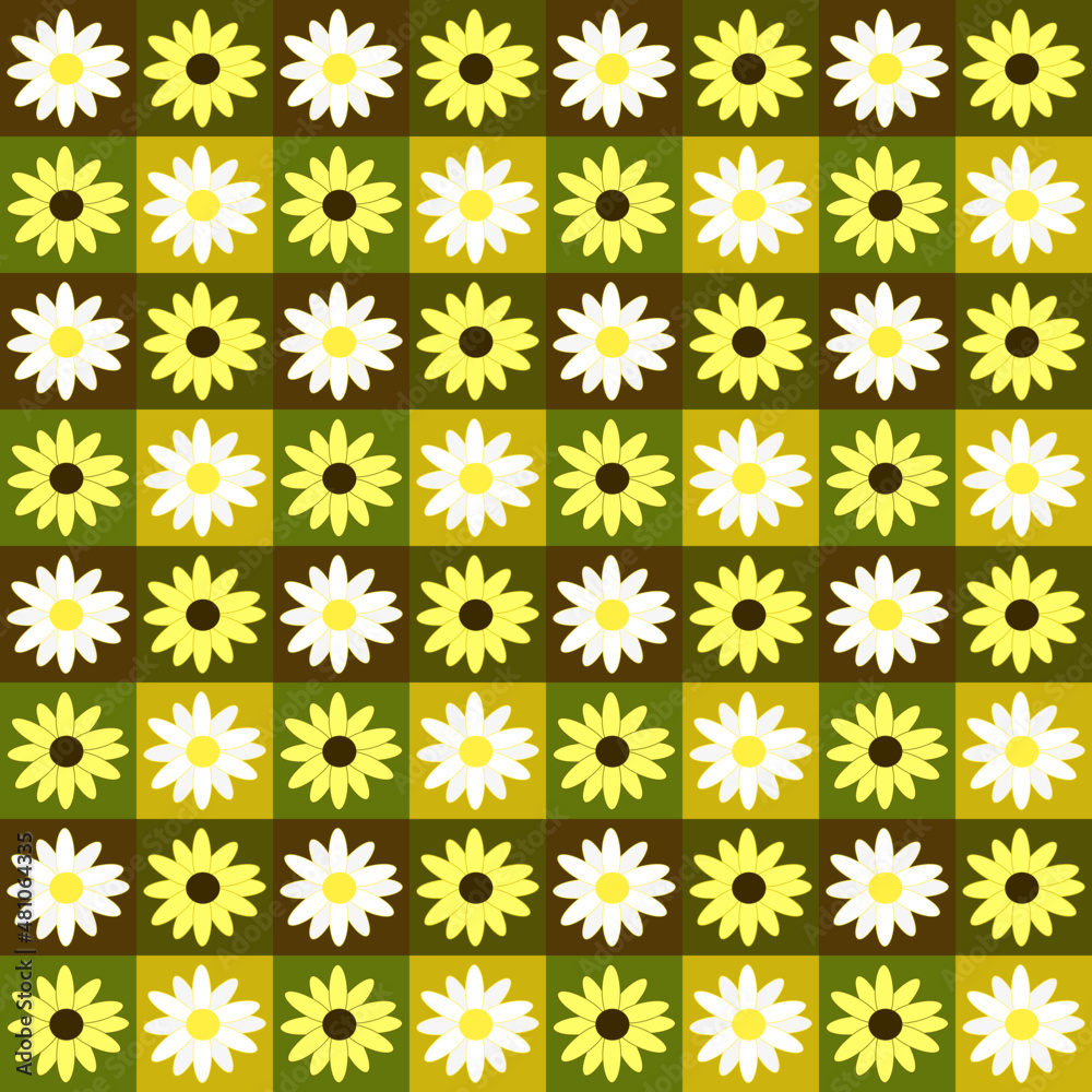 seamless floral pattern,checkered vector pattern with yellow and white flower in green tone background.Design for wallpaper , wrapping paper,backdrop, fabric, tablecloth, gift,tile,textile and etc.