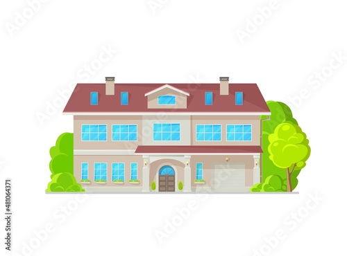 Modern two-storey home building exterior with garage, vector residential architecture. Townhouse or family house villa, mansion cottage duplex or hotel and suburban condominium lodge facade