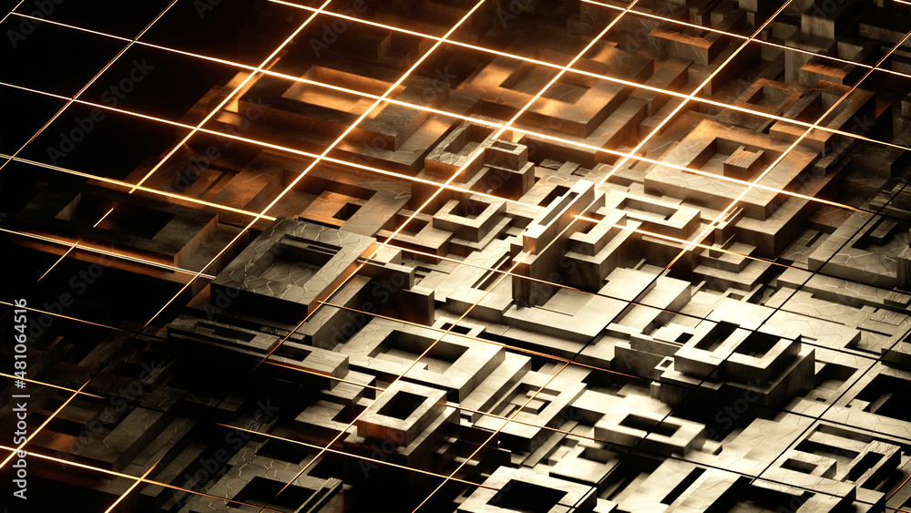 3D digital landscape background of textured blocks and lasers