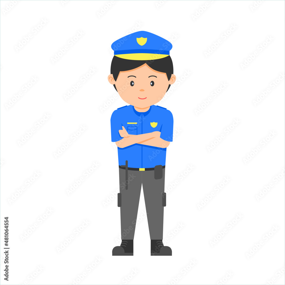 a Police officer man uniform standing in front view. Job at police station. Vector character illustration isolated on white background.
