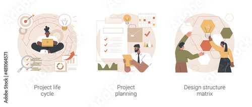 Project life cycle abstract concept vector illustration set. Project planning, design structure matrix, task assignment, business case, business analysis, visual representation abstract metaphor.