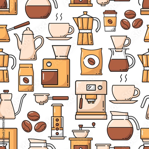 Coffee drink and beans seamless pattern, vector background with coffee makers. Cafe and barista brewing machine and espresso, americano or cappuccino, pot and coffee french press pattern
