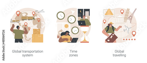 International business coordination abstract concept vector illustration set. Global transportation system, time zone, global travelling, worldwide logistics, travel agency, jet lag abstract metaphor.
