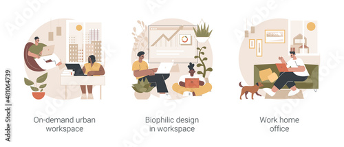 Workplace organization abstract concept vector illustration set. On-demand urban workspace, biophilic design, work home office, coworking, client meeting room, distance work abstract metaphor.