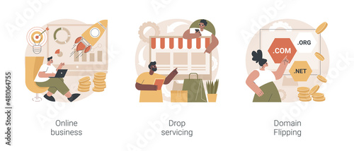 Online business abstract concept vector illustration set. Drop servicing, domain flipping, business opportunity, outsource, drop shipping, web hosting, social media sales, promotion abstract metaphor.