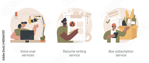 Online based jobs abstract concept vector illustration set. Voice over services, resume writing, box subscription, audio and video production, CV online, box delivery startup abstract metaphor.