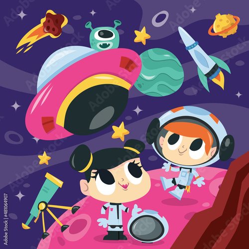 Super Cute Cartoon Space Adventure Mars Scene