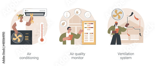 Smart home components abstract concept vector illustration set. Air conditioning, air quality monitor, ventilation system, airing and cooling system, energy saving solution abstract metaphor.