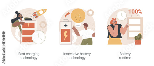 Gadget power management abstract concept vector illustration set. Fast charging technology, innovative battery runtime, usb recharge, high energy capacity, long life, durability abstract metaphor.