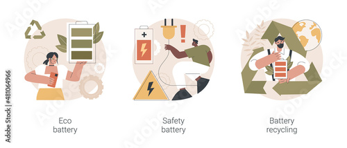 Eco charging solution abstract concept vector illustration set. Eco battery, smartphone battery safe use and recycling, energy storage technology, toxic waste, rechargeable power abstract metaphor.