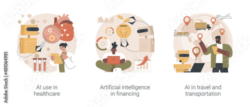 Machine learning in industry abstract concept vector illustration set. AI use in healthcare and financing, artificial intelligence in travel and transportation, smart booking abstract metaphor.