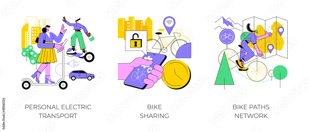 Urban transportation abstract concept vector illustration set. Personal electric transport, bike sharing, bike paths network, scooter rental application, book ride online, city map abstract metaphor.