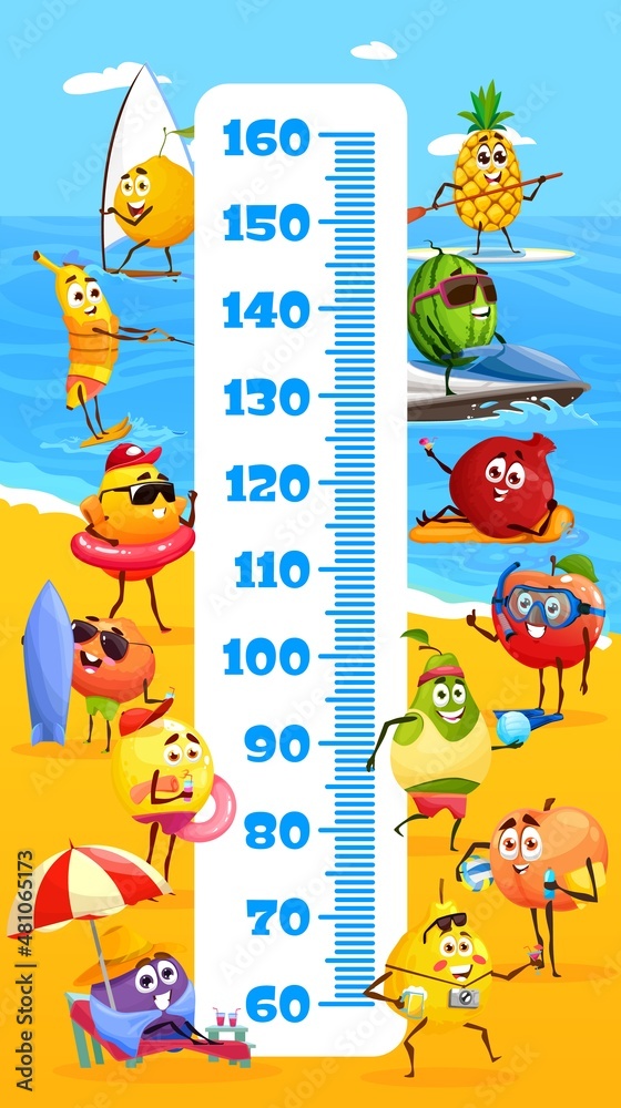 Fototapeta premium Kids height chart cartoon tropical fruits on summer vacation. Vector growth meter scale and funny lemon, pineapple, watermelon and banana, apple, pomegranate, plum, pear and peach characters on beach