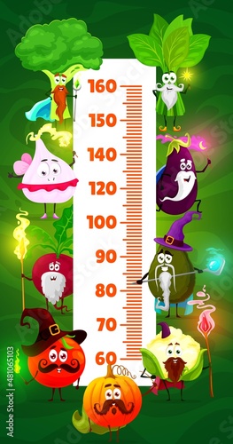 Cartoon vegetable magician, wizard, sorcerer, fairy and enchanter kids height chart. Vector growth measure meter ruler scale and funny pumpkin, broccoli, spinach, tomato and avocado, garlic, beetroot