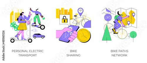 Urban transportation abstract concept vector illustration set. Personal electric transport, bike sharing, bike paths network, scooter rental application, book ride online, city map abstract metaphor.