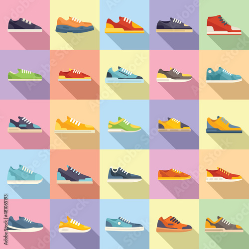Sneakers icons set flat vector. Girl shoe