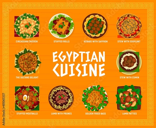 Egyptian cuisine restaurant menu template. Circassian chicken, stuffed rolls and meatballs kebab, stew with eggplant, lamb with prunes and fried bass, Sultans delight, stew with cumin and lamb patties
