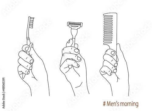 Men's morning. Hand holds a toothbrush, a safety razor for shaving, a comb. Morning self care and your face. Personal hygiene items. Taking care of your health. Sketch, linear drawing