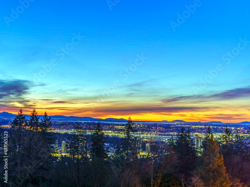 Spectacular winter sunrise over Fraser Valley and Fraser River, BC.