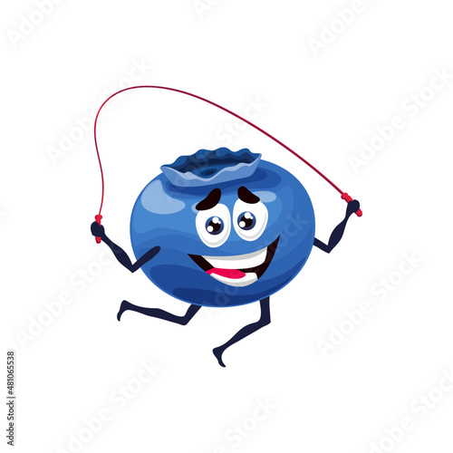 Cartoon blueberry character jumping on rope. Comic ripe berry personage doing fitness, vector funny blueberry character with smiling face training with jumping rope. Fruit mascot doing exercise