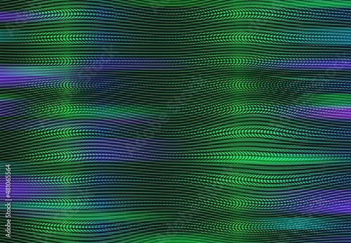 Old TV glitch noise screen, green and purple waves vector background. Television glitch distortion effect with noise lines on TV display, computer or VHS camera video signal with static pixels