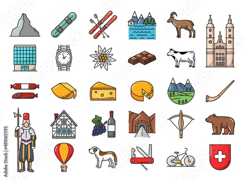 Swiss food, history landmark and people line icons set with Matterhorn peak, snowboard and ski, swiss guard, cheese and edelweiss, chocolate, tunnel and alpine horn, wristwatch, bear and cathedral