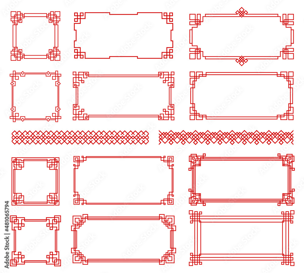 Red Asian red knot frames and borders. Korean, chinese and japanese knot vector embellishment. Chinese red pattern ornaments and asian oriental corner frames or geometric borders