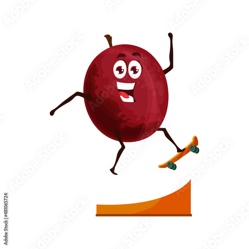 Funny plum fruit character on skateboard. Funny ripe fruit mascot in jumping skate park ramp trampoline, vector cute plum personage. Comic and exited fruit character doing extreme sports