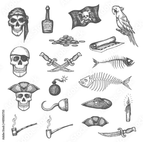 Pirate map and flag, skulls, daggers weapon and fish bones, rum bottle, parrot and tobacco pipe, candle sketches set. Corsair, filibuster or buccaneer hand drawn vector coins, hand hook and cannonball