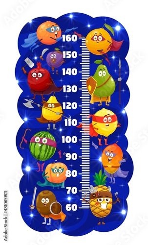 Kids height chart, cartoon fruits defenders and superhero characters, vector growth measure meter ruler with cartoon orange and pineapple, apple and peach, kiwi, plum and watermelon in power cape