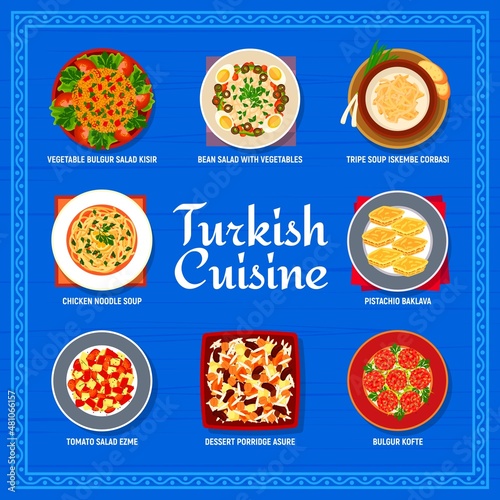 Turkish cuisine menu, Istanbul food dishes and meals for lunch and dinner, vector. Turkey restaurant cuisine menu with bulgur kofte, baklava sweets and chicken noodles soup with dessert porridge asure