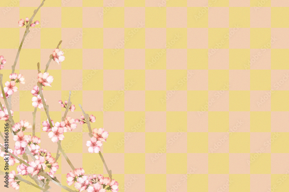 水彩の桜の花 市松模様背景 水彩の桜の花 市松模様背景