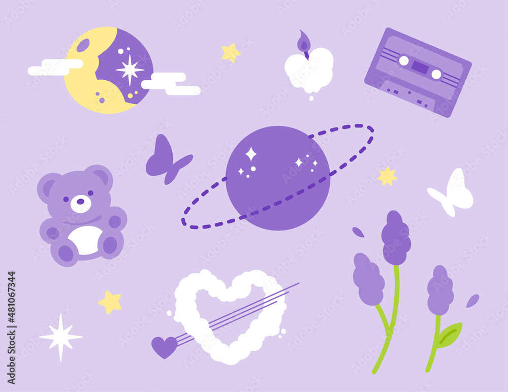 A collection of objects related to purple. flat design style vector illustration.