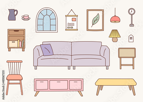 Collection of living room interior furniture. flat design style vector illustration.