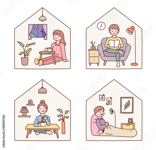 People living alone are resting in their own way at home. flat design style vector illustration.