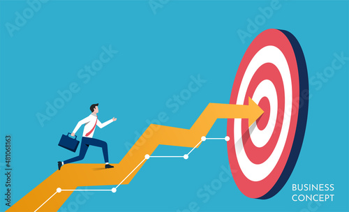 Business concept, businessman running toward to the target, Focus on goal symbol