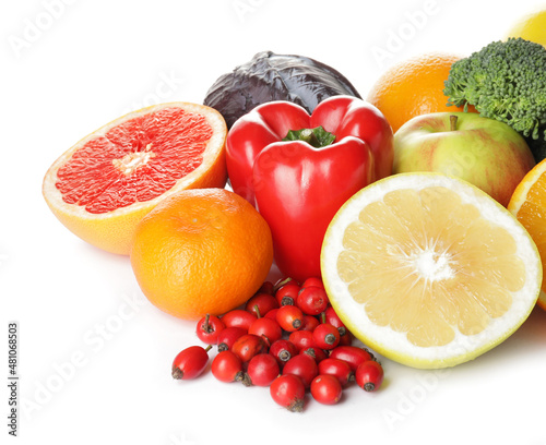 Different healthy products on white background