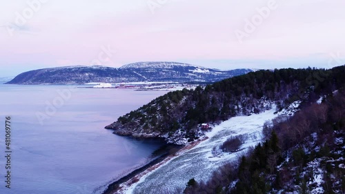 Wallpaper Mural Picturesque Fjord With Remote Cabin On Snowy Mountain During Winter Season In Norway. aerial pullback Torontodigital.ca