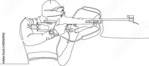 Simple continuous line drawing a people is aim target when follow the competition biathlon in winter Olympic. Draw in black and white background. Winter Olympic. Winter Games. Vector illustration.