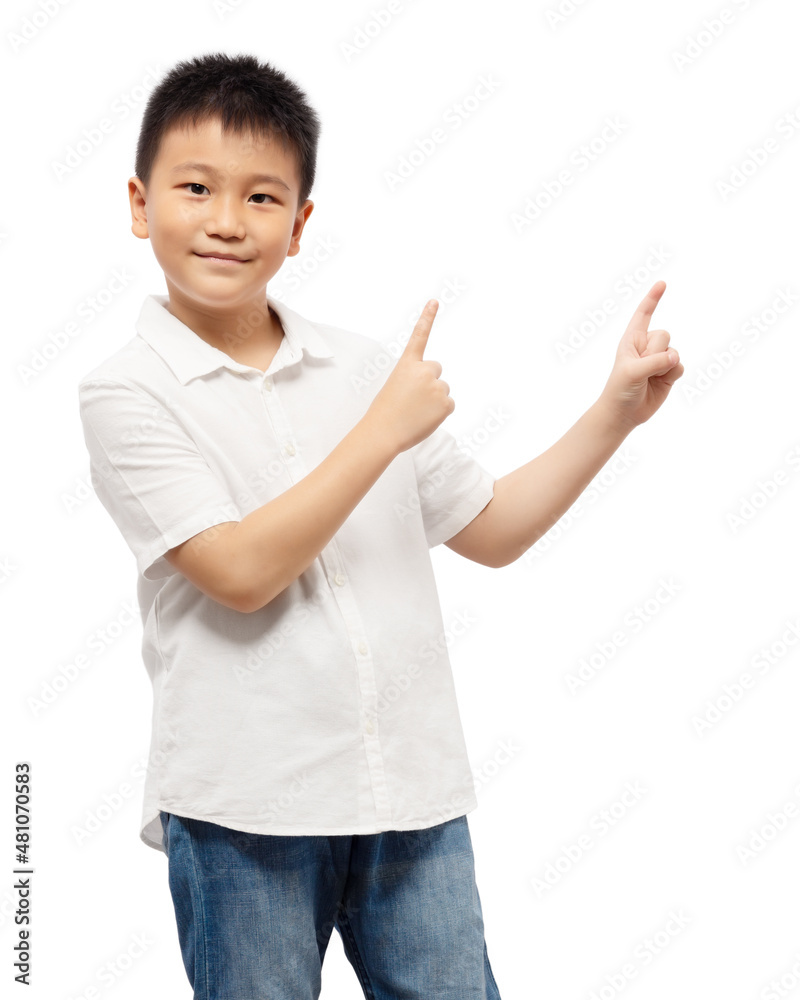 Smart kid with fingers pointing up and presenting, wearing white shirt isolated on white background Smart kid with fingers pointing up and presenting, wearing white shirt isolated on white background