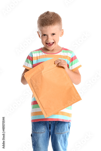 Adorable little boy opening...