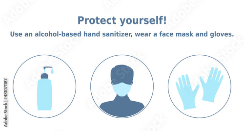 Vector illustration Protect yourself! Use an alcohol-based hand sanitizer, wear a face mask and gloves. 3 icons set. Personal protective equipment items. Infographic for health posters and banners.