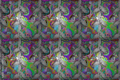 Seamless pattern with interesting doodles on colorfil background. Pano. Raster illustration.