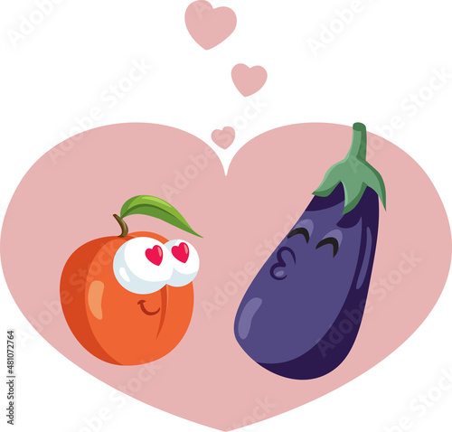 Peach and Eggplant in Love Vector Cartoon Illustration