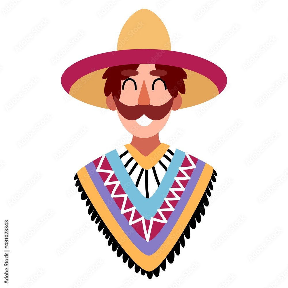 Happy Hispanic man with moustache, in sombrero and poncho vector illustration. Cartoon Mexican man in traditional clothes white isolated. Cute flat Hispanic man avatar vector Happy Hispanic man with moustache, in sombrero and poncho vector illustration. Cartoon Mexican man in traditional clothes white isolated. Cute flat Hispanic man avatar vector