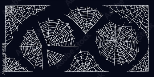 Spiderwebs isolated on black background. Spooky Halloween cobwebs for frames and banners. Handrawn vector illustration