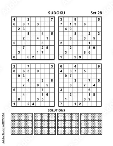 Four sudoku puzzles of comfortable medium level. Set 28. Answers included.
